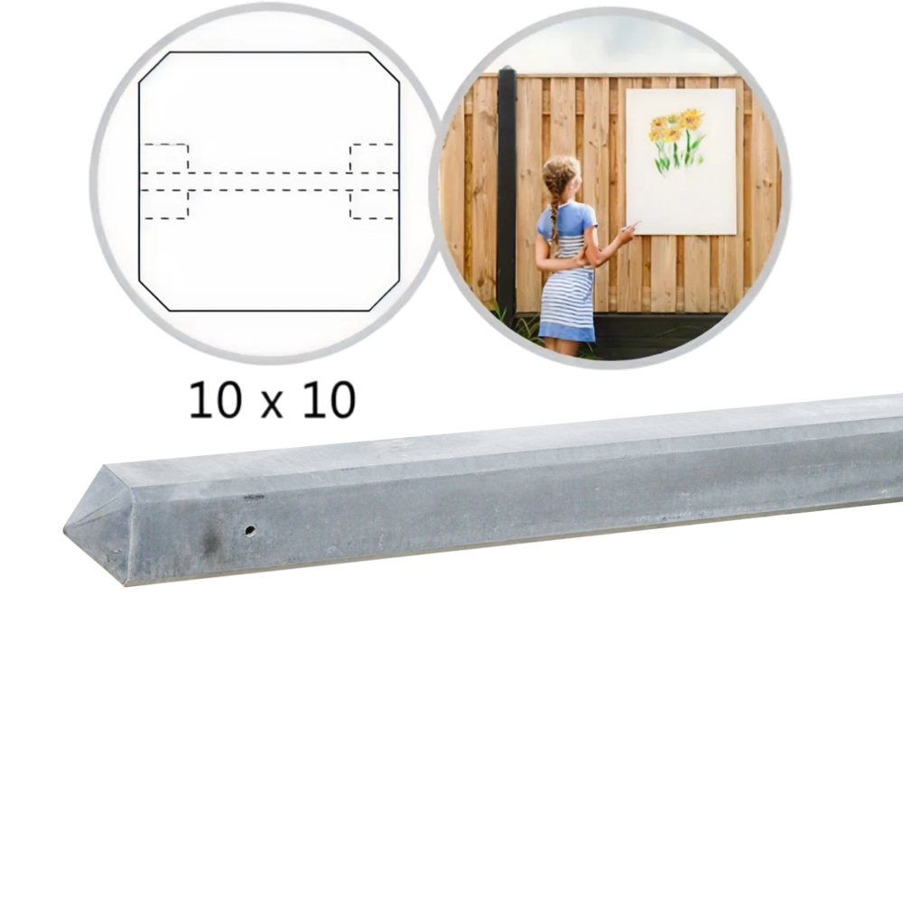 Betonpaal glad 10 x 10 x 280cm diamantkop Grijs Tussenpaal