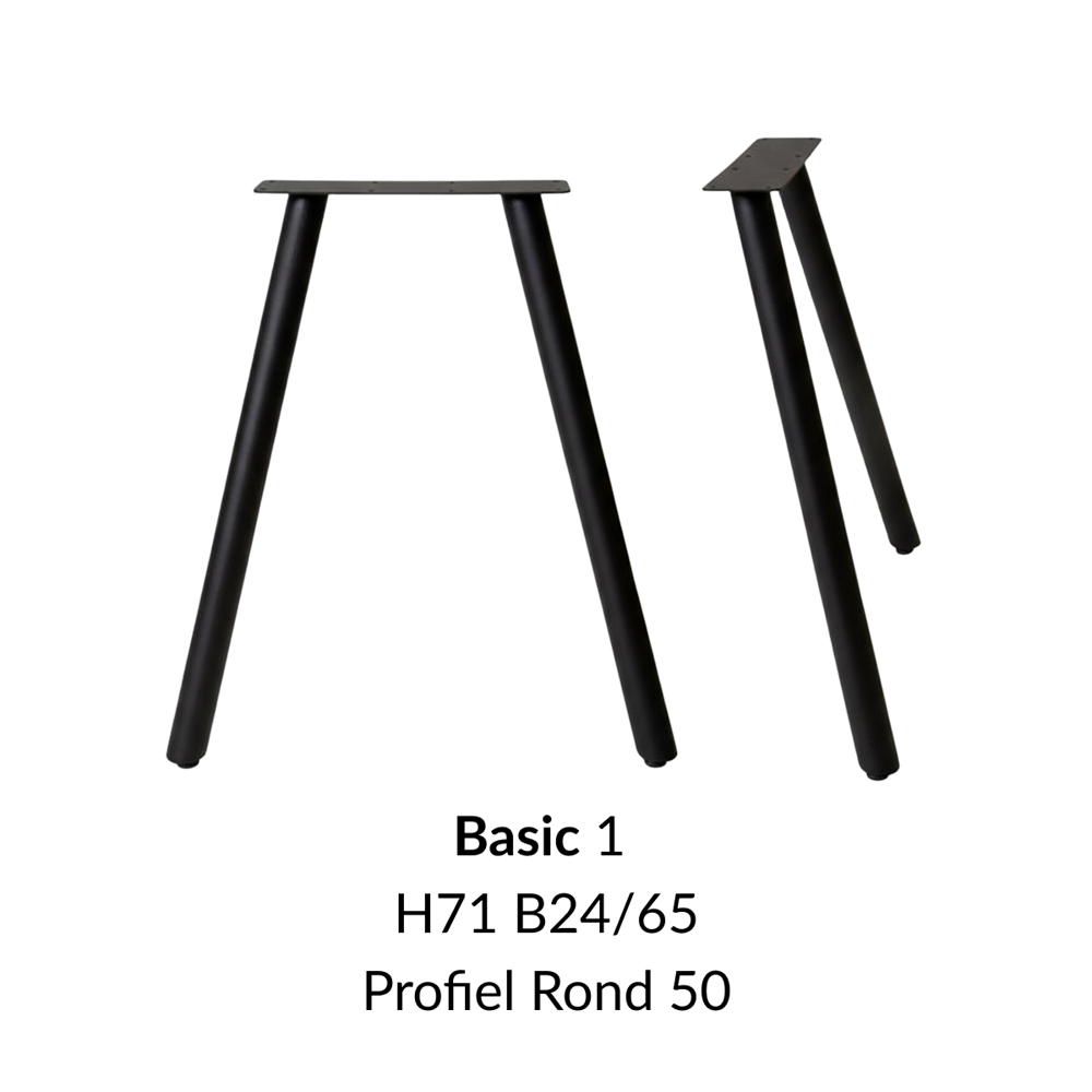 Metalen onderstel Basic 1 zwart RAL9005 - 24x65cm. Profiel Ø50mm set 2 stuks
