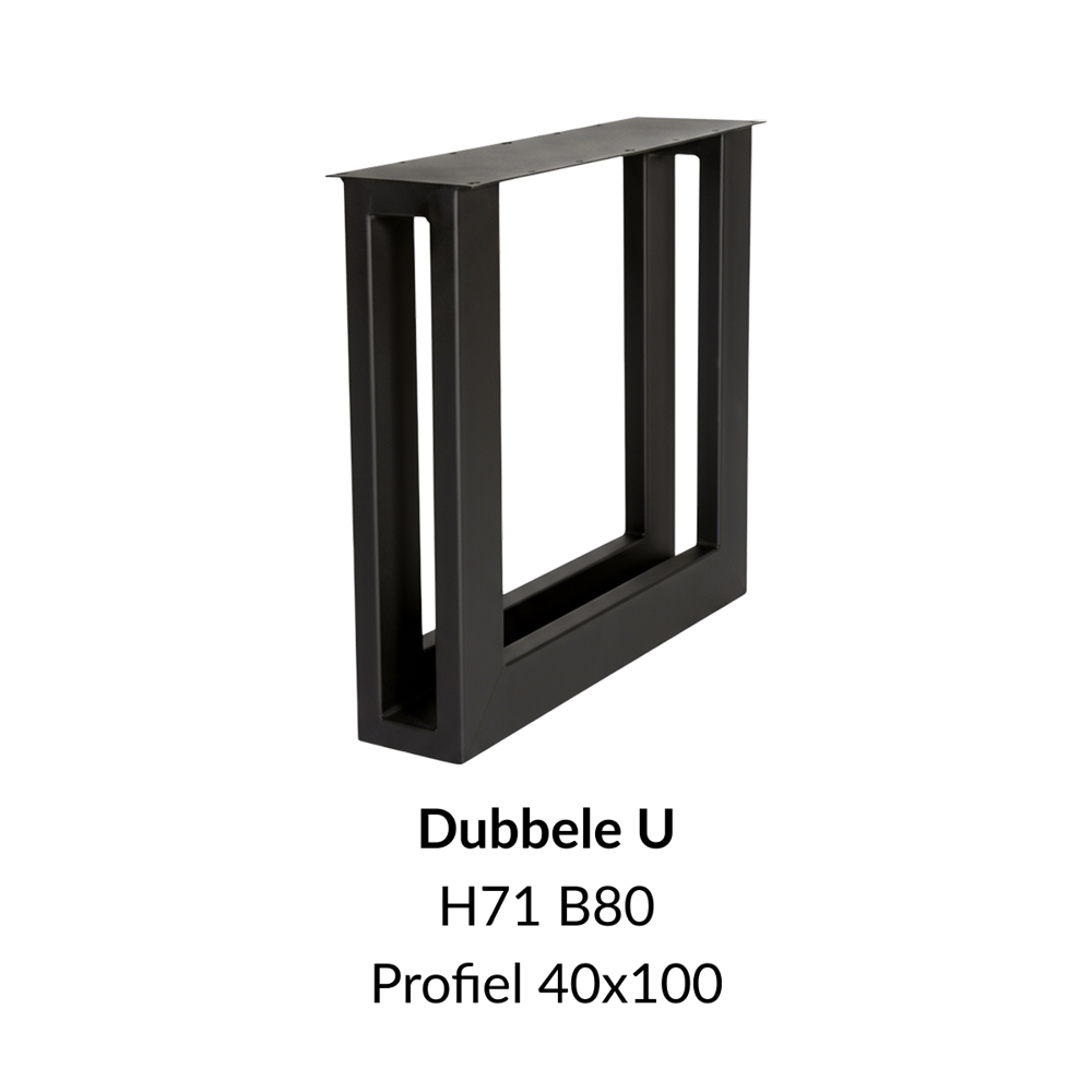 Metalen onderstel dubbele U zwart RAL9005 - 80cm breed. Profiel 2x 40x100mm