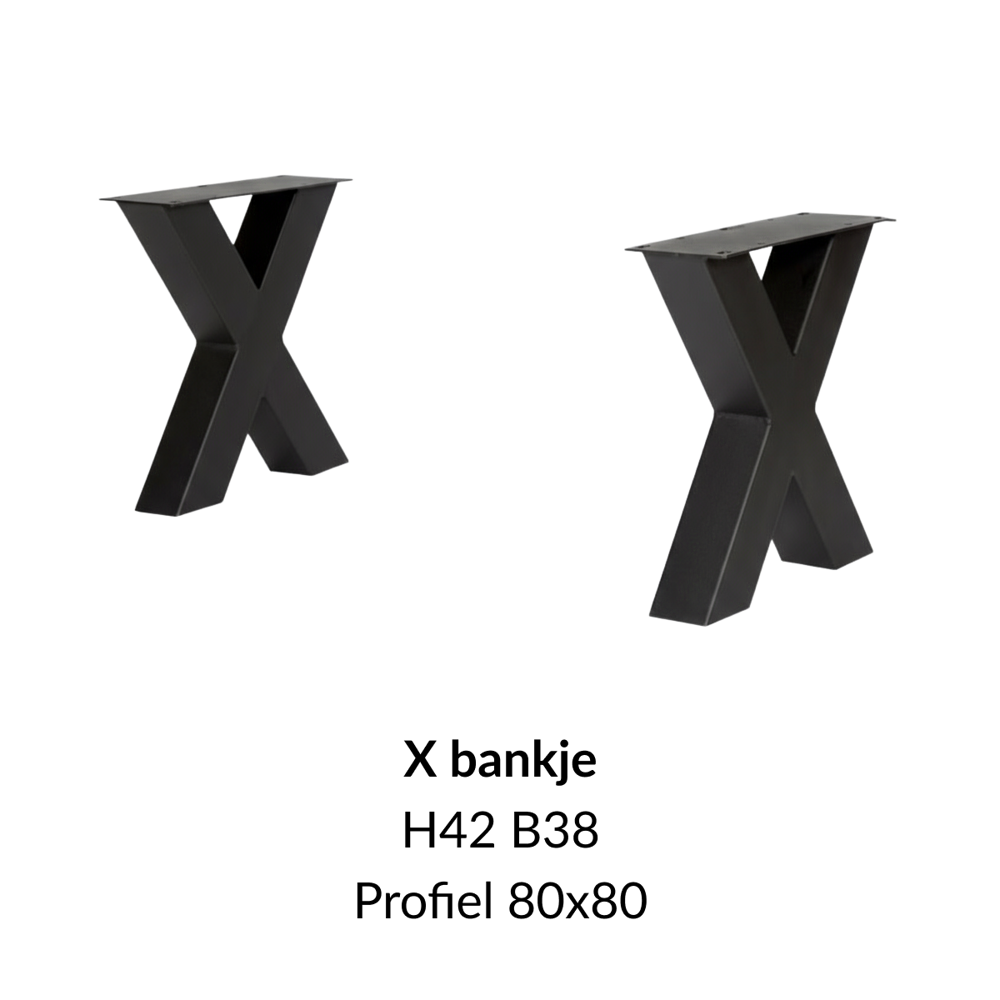 Metalen onderstel X bankje zwart RAL9005 - 38cm breed. Profiel 80x80mm