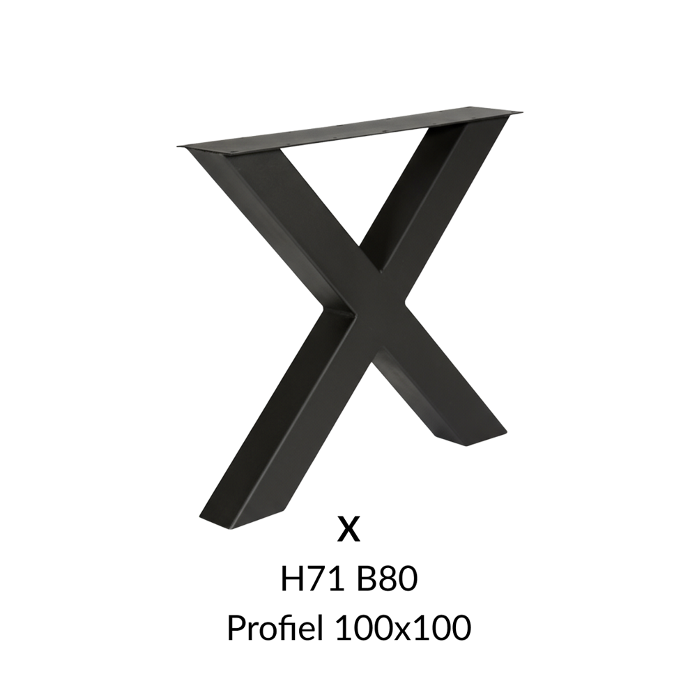 Metalen onderstel X zwart RAL9005 - 80cm breed. Profiel 100x100mm