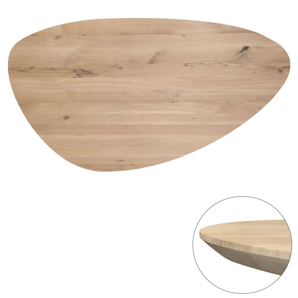 Tafelblad rustiek eiken kiezel ovaal facet kant ronding rechts 40mm 2800x1350 onbehandeld