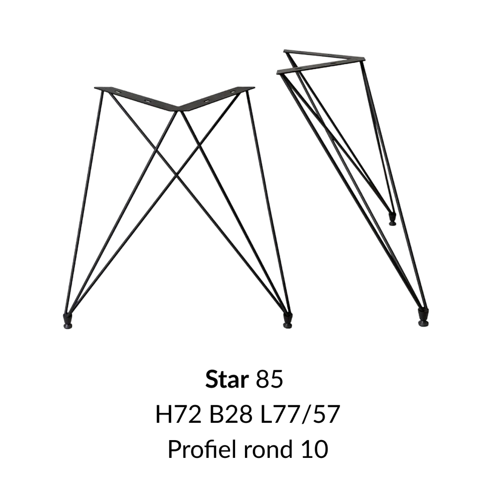 Metalen onderstel Star zwart RAL9005 - 28x77cm breed. Profiel Ø10mm set 2 stuks