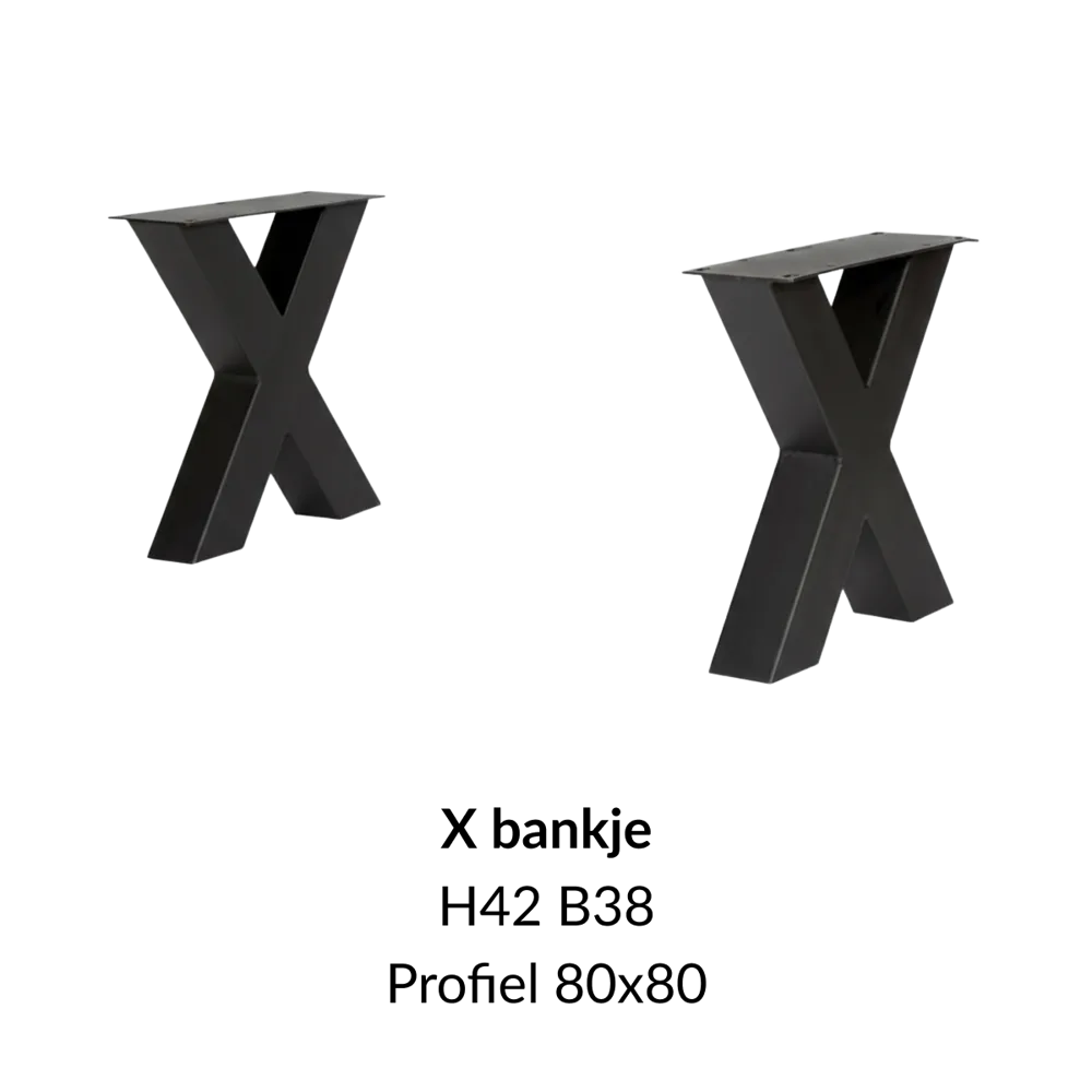 Metalen onderstel X bankje zwart RAL9005 - 38cm breed. Profiel 80x80mm