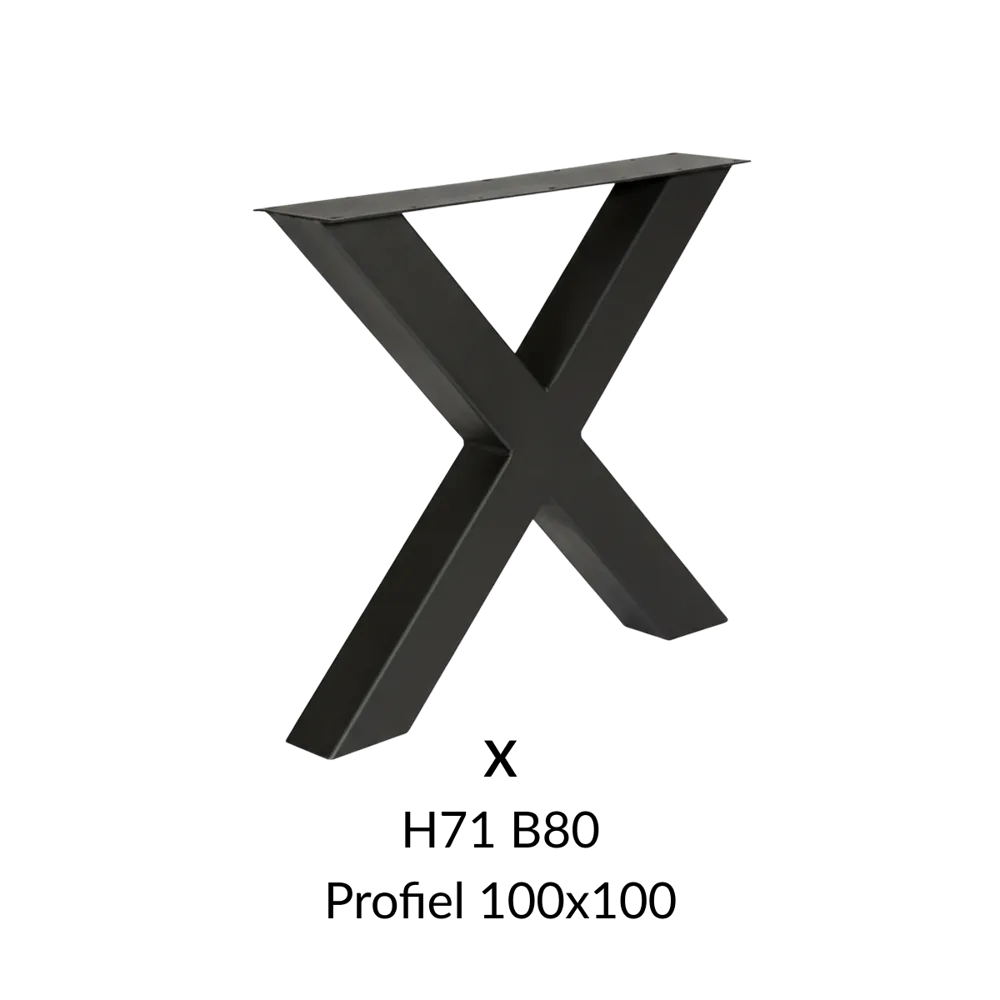Metalen onderstel X zwart RAL9005 - 71cm hoog - 80cm breed. Profiel 100x100mm