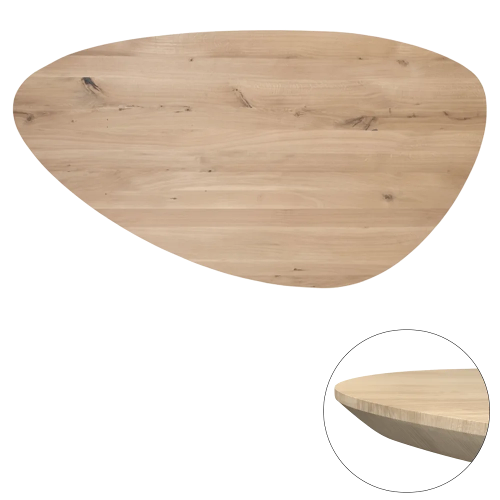 Tafelblad rustiek eiken kiezel ovaal facet kant ronding links 40mm 2600x1300 onbehandeld