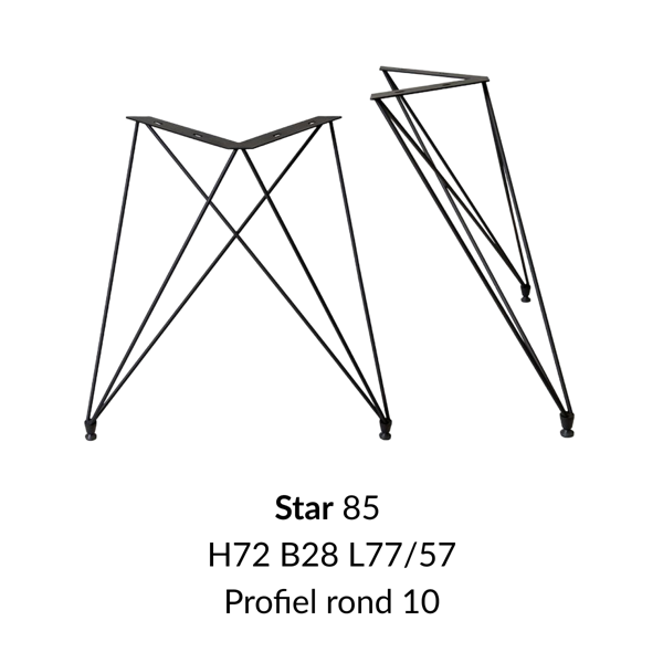 Metalen onderstel Star zwart RAL9005 - 28x77cm breed. Profiel Ø10mm set 2 stuks