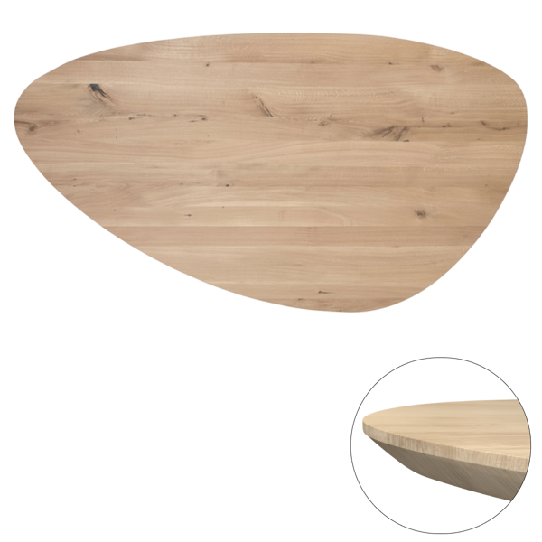 Tafelblad rustiek eiken kiezel ovaal facet kant ronding links 40mm 2600x1300 onbehandeld