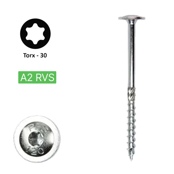 Flenskop schroef 6,0 x 60 Torx (T30) | PFS+ RVS A2 | 100 stuks
