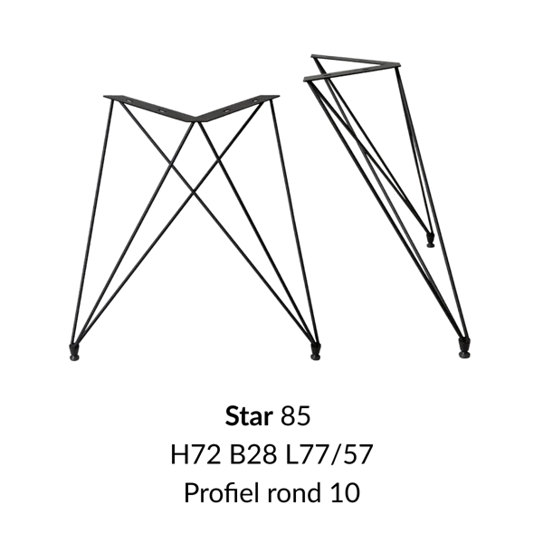 Metalen onderstel Star zwart RAL9005 - 28x77cm breed. Profiel Ø10mm set 2 stuks