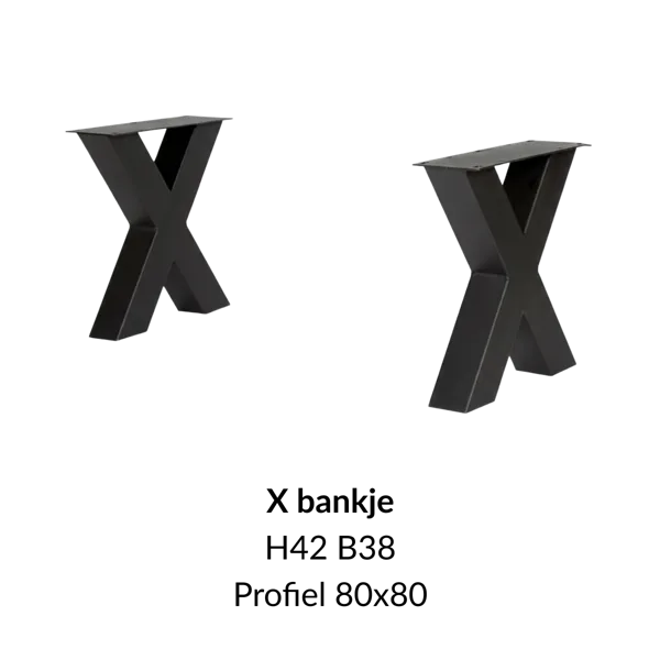 Metalen onderstel X bankje zwart RAL9005 - 38cm breed. Profiel 80x80mm