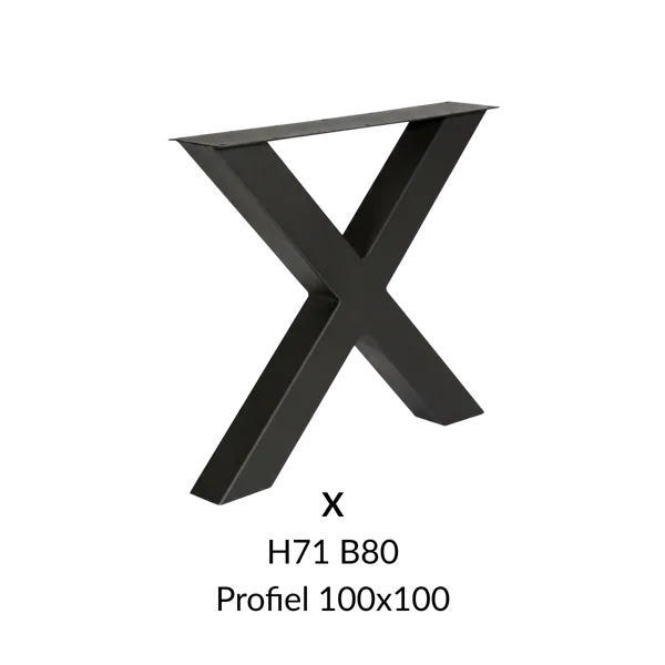 Metalen onderstel X zwart RAL9005 - 71cm hoog - 80cm breed. Profiel 100x100mm
