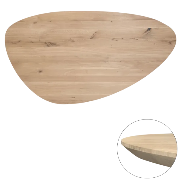 Tafelblad rustiek eiken kiezel ovaal facet kant ronding rechts 40mm 3000x1400 onbehandeld
