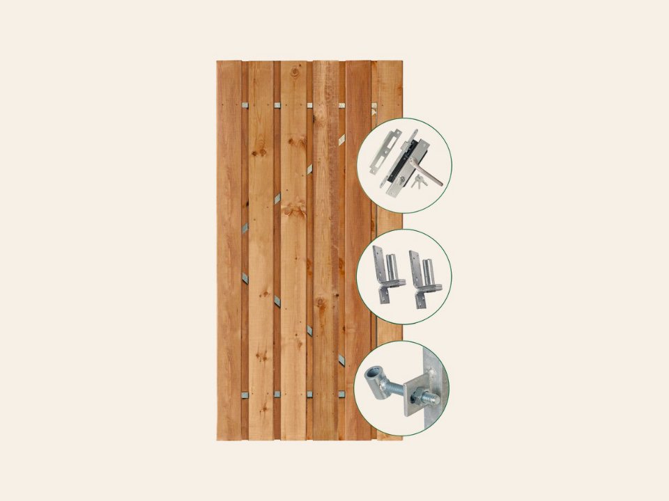 Tuindeur privacy bruin geïmpregneerd 100 × 195 cm / RVS inbouwslotset