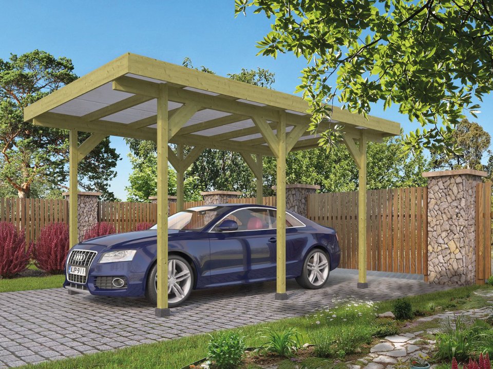Carport Enkel/Aanbouw met PVC dakplaten grenen groen geïmpregneerd L500 × B300 cm