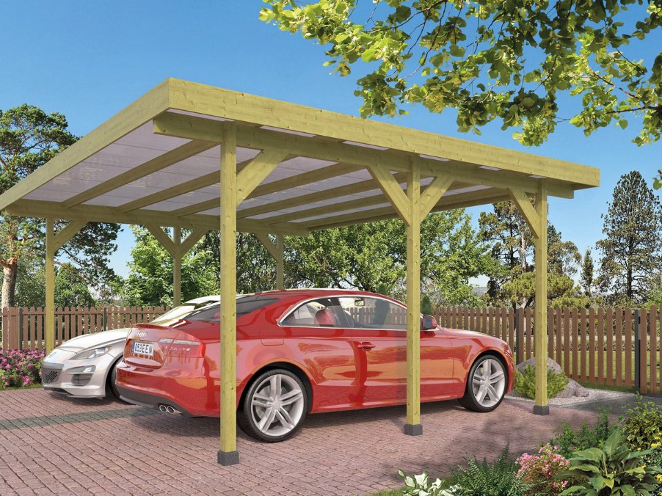 Carport Dubbel met PVC dakplaten grenen groen geïmpregneerd L500 × B600 cm