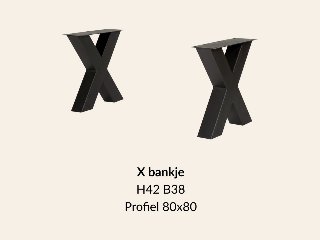 Metalen onderstel X bankje zwart RAL9005 - 38 cm breed. Profiel 80 × 80 mm