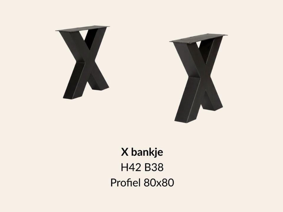 Metalen onderstel X bankje zwart RAL9005 - 38 cm breed. Profiel 80 × 80 mm